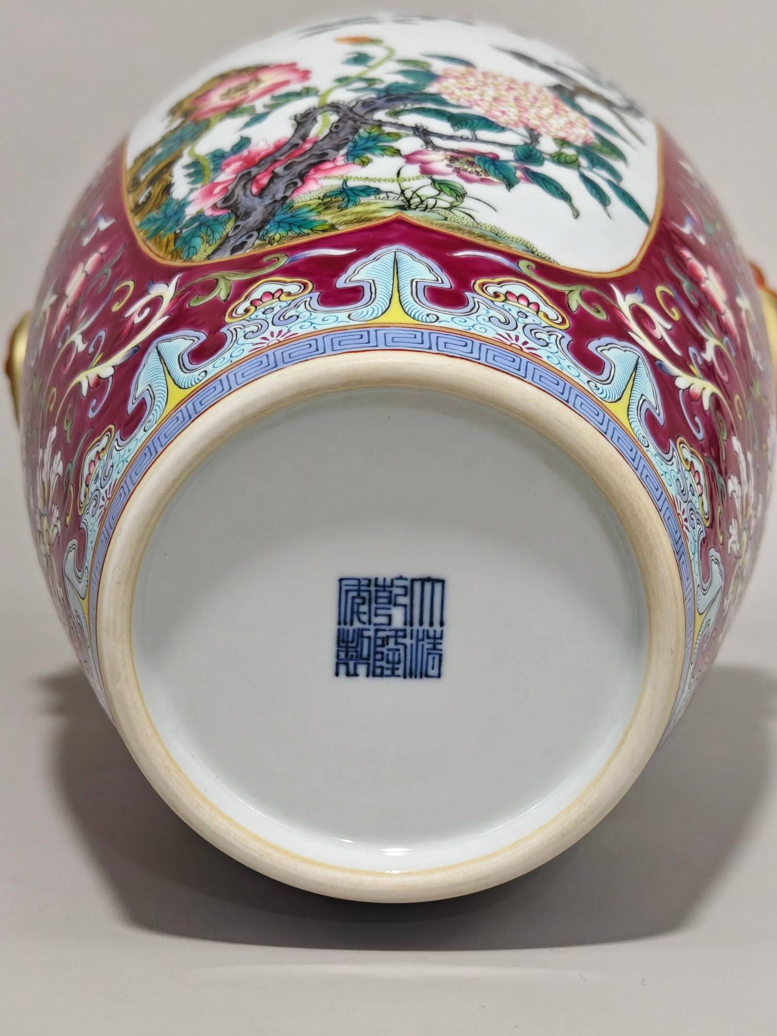 An Exquisite Famille-Rose Ruby Red-Glazed Painted Gold Flower and Bird Pattern Beast-Ears Vase - 7