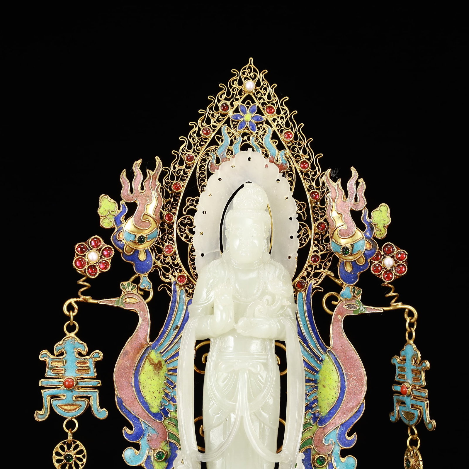 An Exquisite Filigree and Gilding Inlaid White Jade Statue of Avalokitesvara,Inlaid Gems - 2