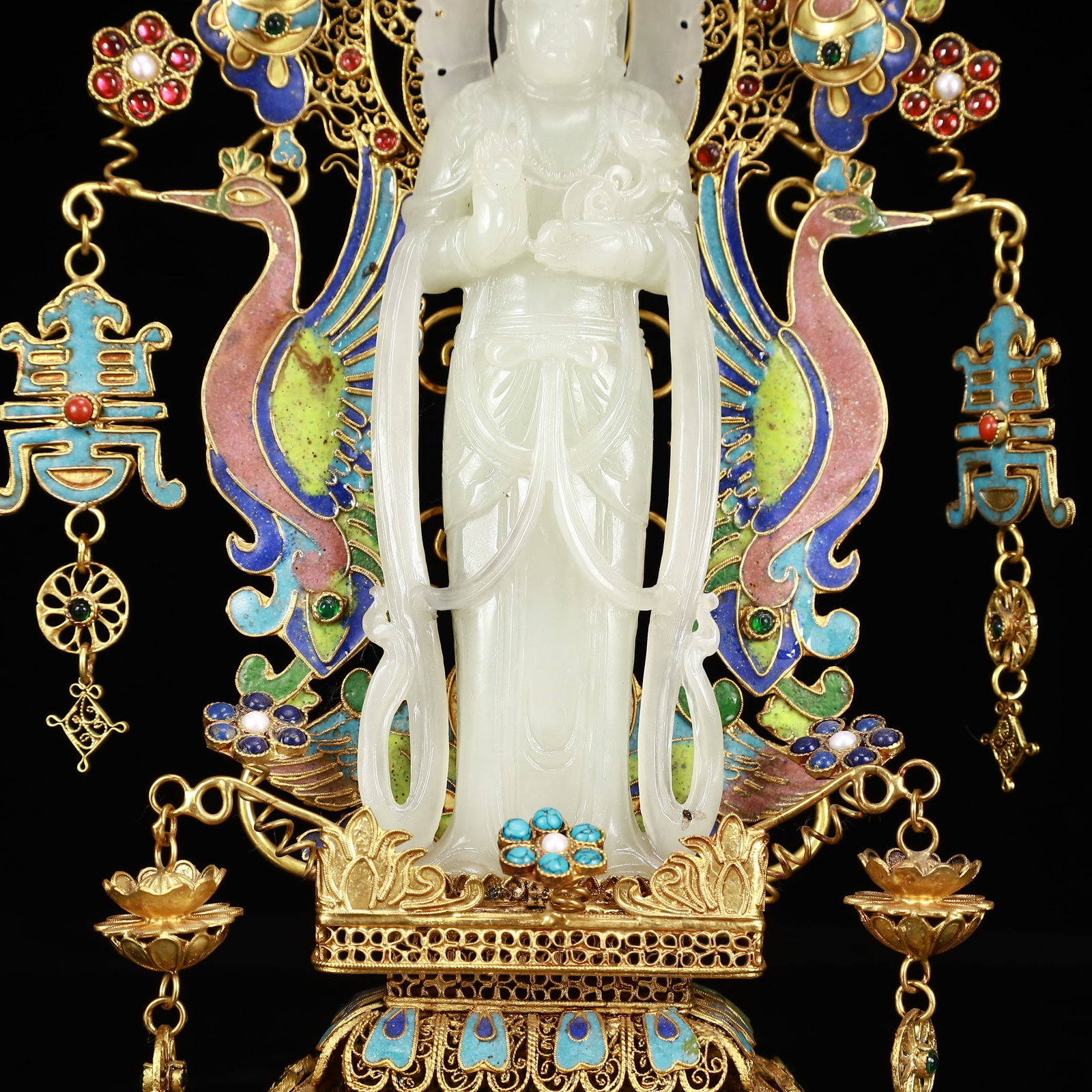 An Exquisite Filigree and Gilding Inlaid White Jade Statue of Avalokitesvara,Inlaid Gems - 3