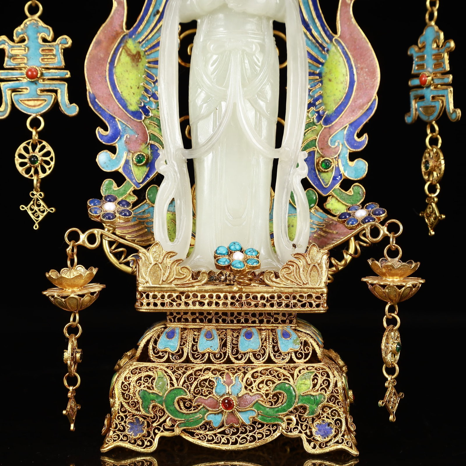 An Exquisite Filigree and Gilding Inlaid White Jade Statue of Avalokitesvara,Inlaid Gems - 4