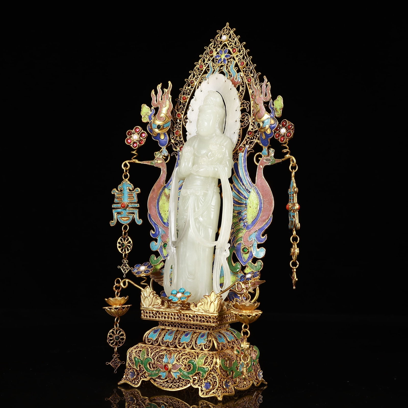 An Exquisite Filigree and Gilding Inlaid White Jade Statue of Avalokitesvara,Inlaid Gems - 5