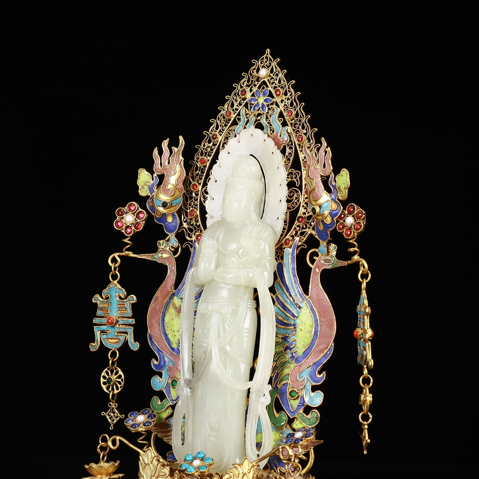An Exquisite Filigree and Gilding Inlaid White Jade Statue of Avalokitesvara,Inlaid Gems - 6