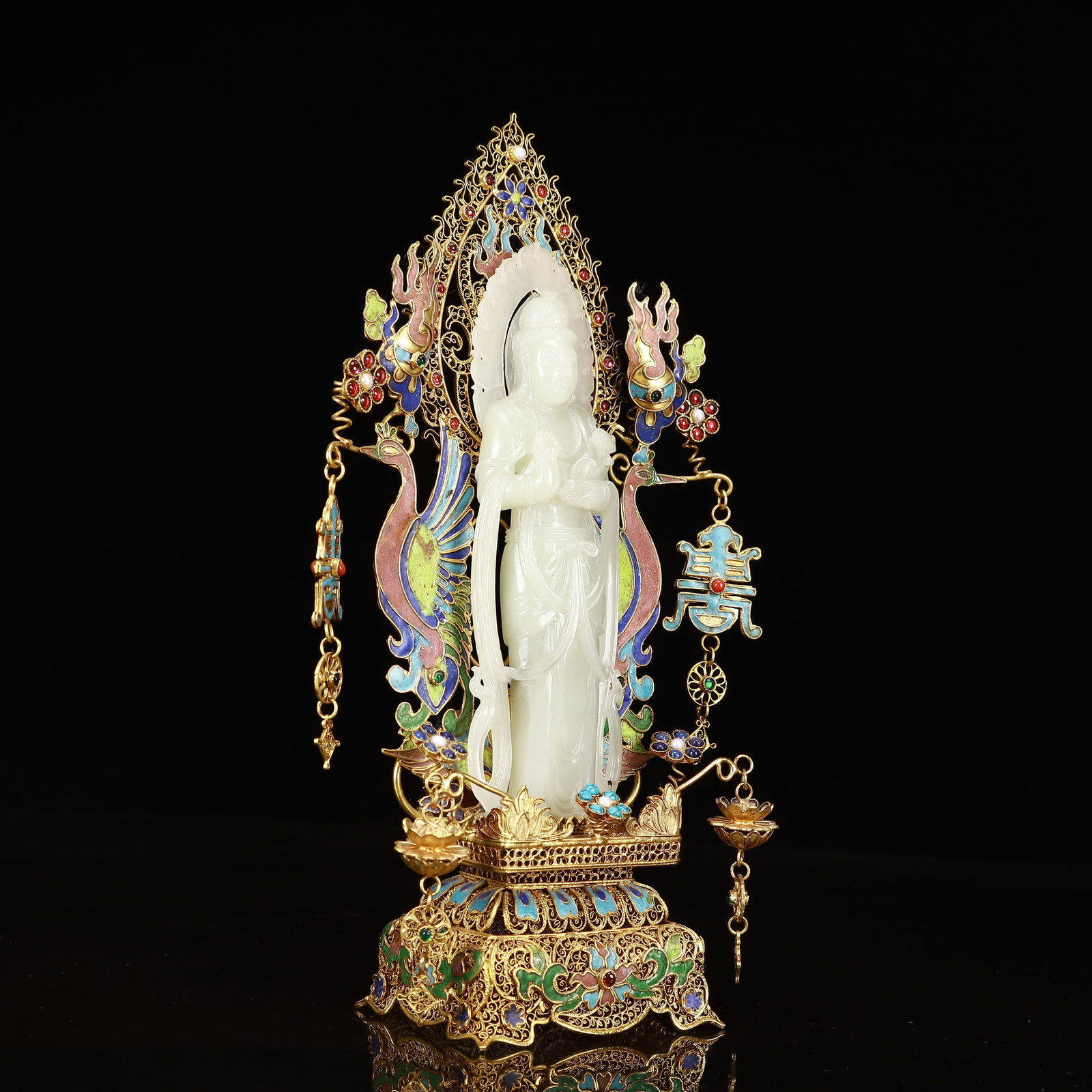 An Exquisite Filigree and Gilding Inlaid White Jade Statue of Avalokitesvara,Inlaid Gems - 7