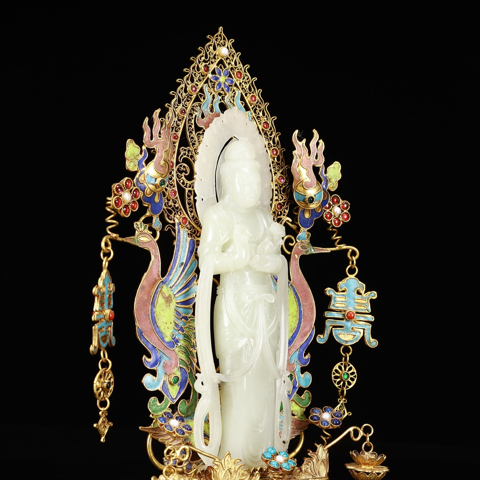 An Exquisite Filigree and Gilding Inlaid White Jade Statue of Avalokitesvara,Inlaid Gems - 8