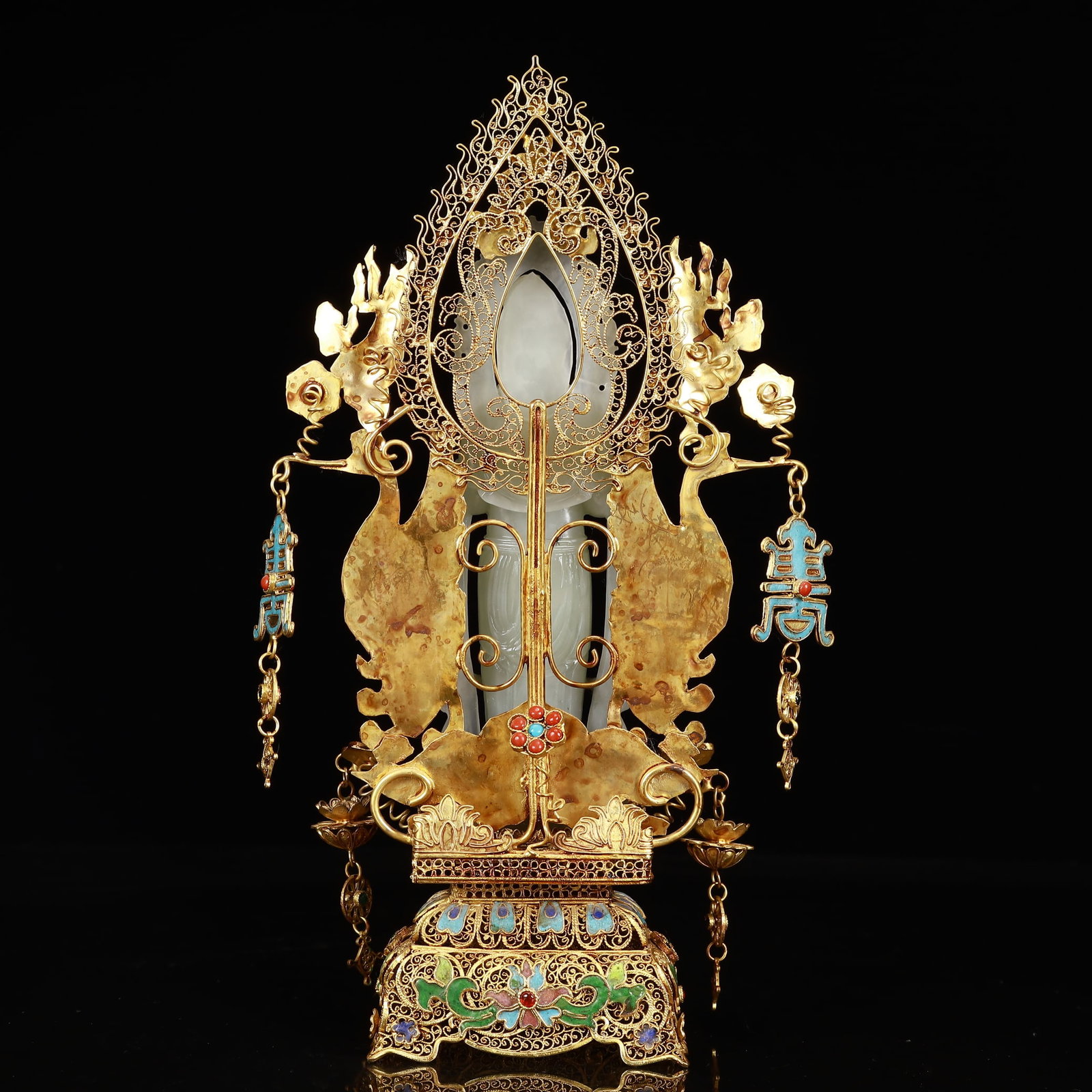 An Exquisite Filigree and Gilding Inlaid White Jade Statue of Avalokitesvara,Inlaid Gems - 9