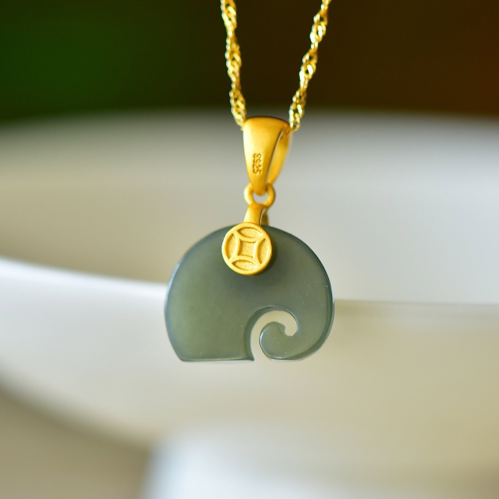 An Exquisite Sterling Silver-Gold Plated Inlaid Greenish Jade Pendant - 4