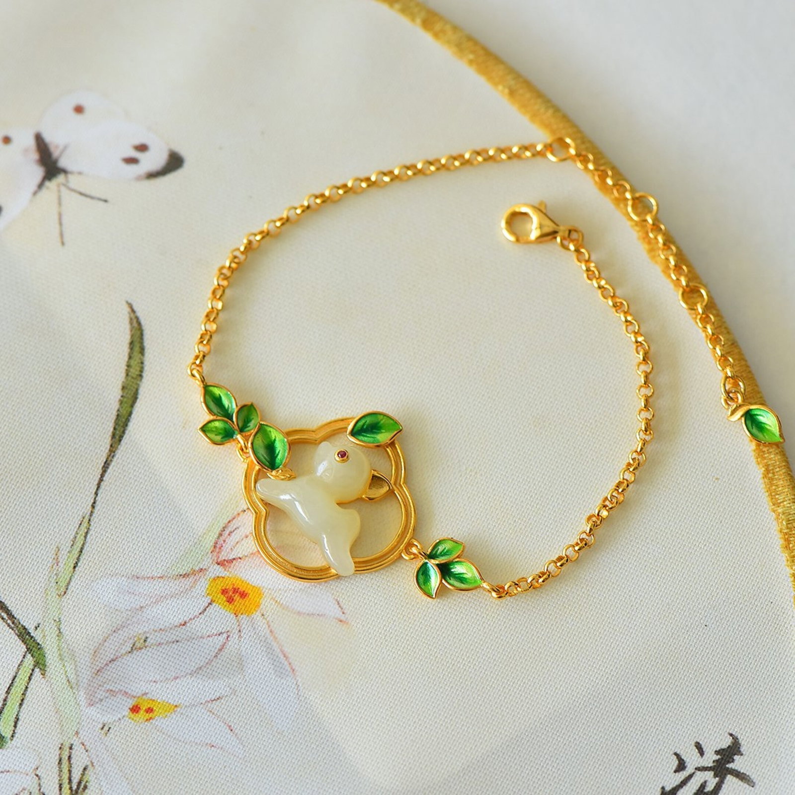 A Set of Fine Sterling Silver-Gold Plated Inlaid White Jade Jewelrys - 5
