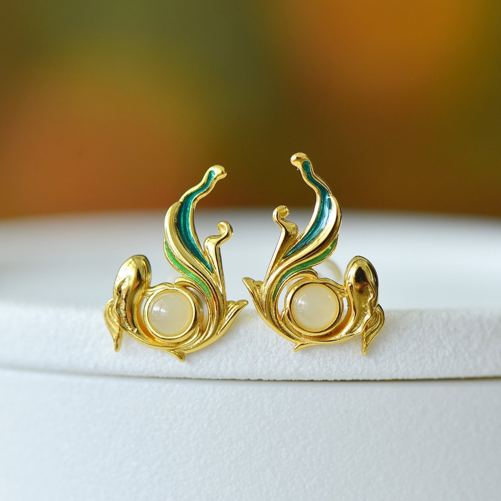 A Set of Fine Sterling Silver-Gold Plated Inlaid White Jade Jewelrys - 3