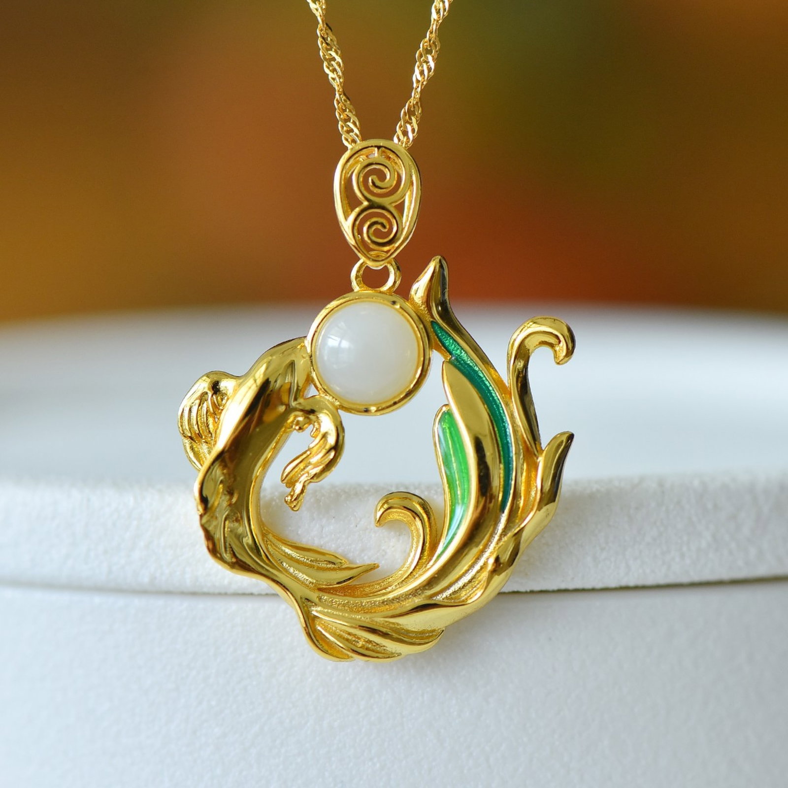 A Set of Fine Sterling Silver-Gold Plated Inlaid White Jade Jewelrys - 5