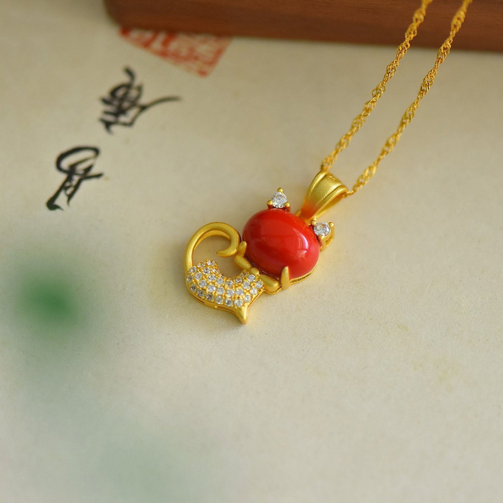 An Exquisite Sterling Silver-Gold Plated Inlaid Cinnabar Pendant,Inlaid Diamond - 2