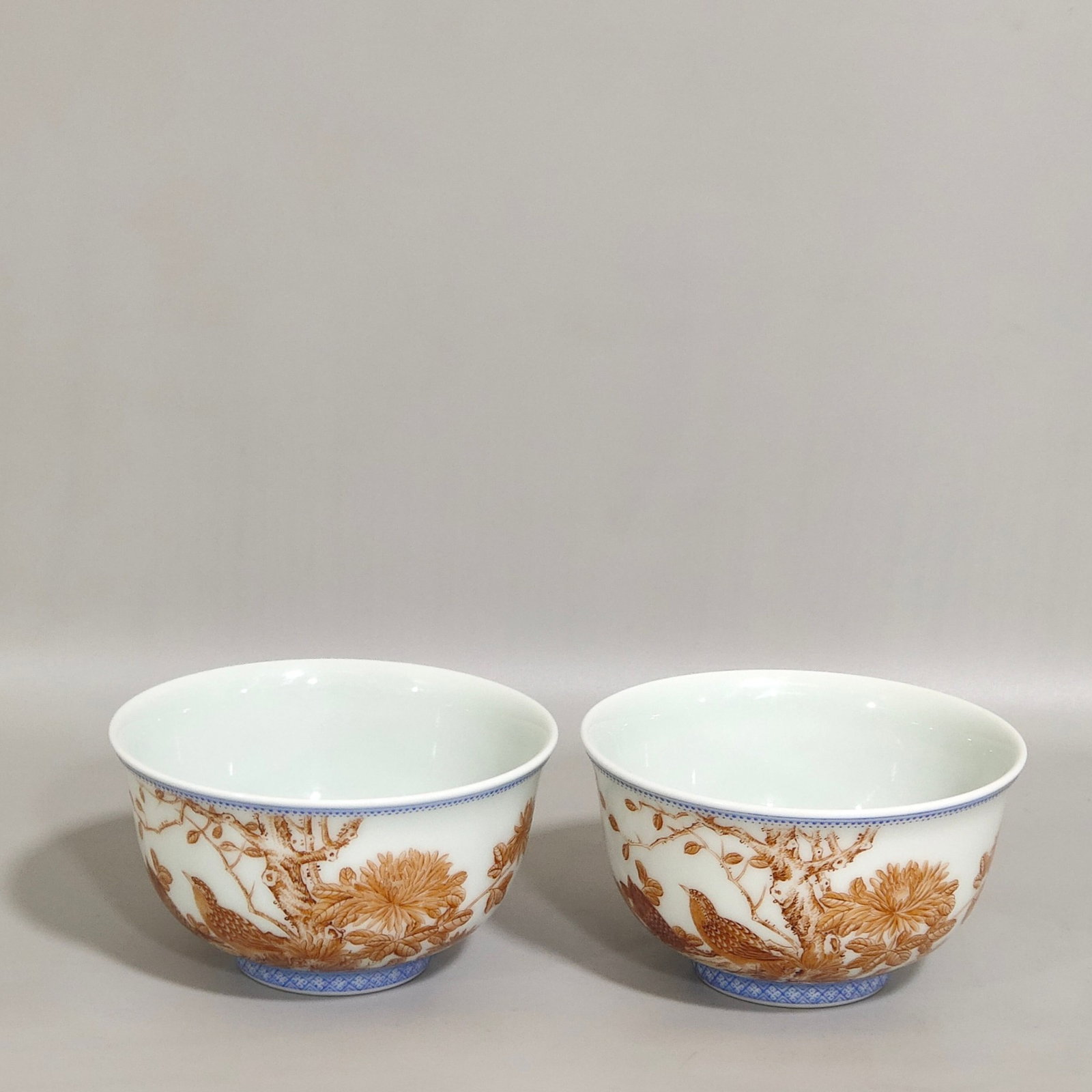 A Pair of Exquisite Ink Color Iron-Red Flower and Bird Pattern Cups,With Poem - 2