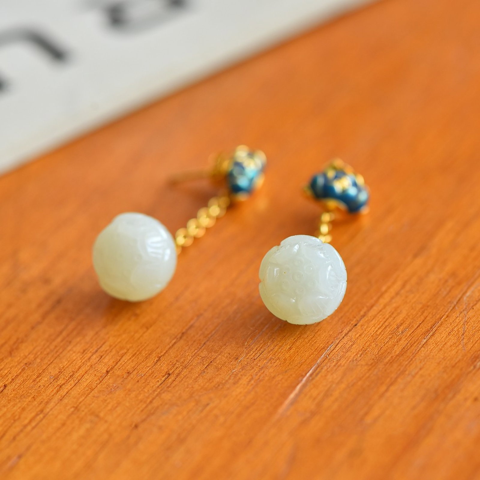 A Pair of Exquisite Sterling Silver-Gold Plated Inlaid White Jade Enamel Earrings - 2