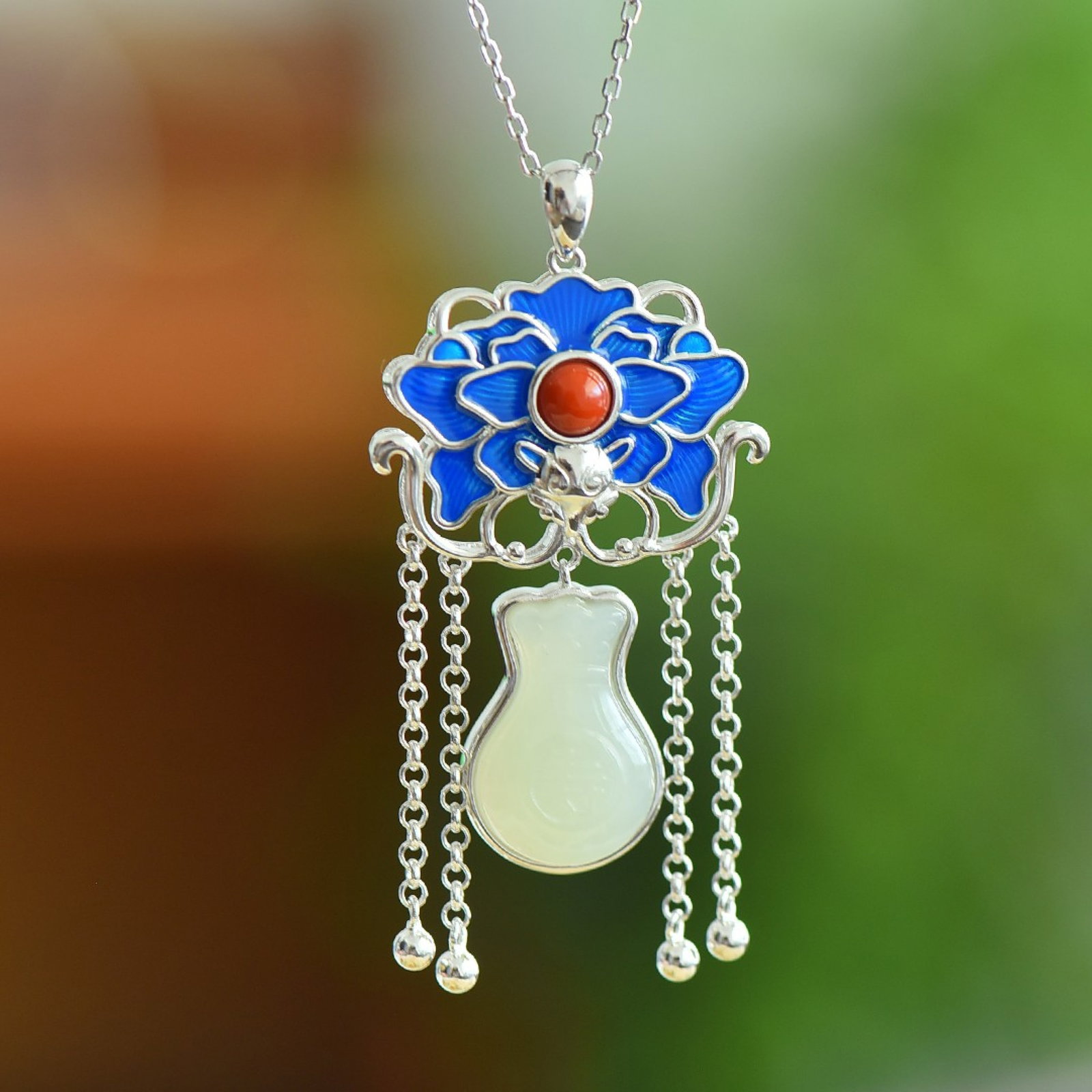 An Exquisite Sterling Silver Inlaid White Jade Enamel Pendant - 2