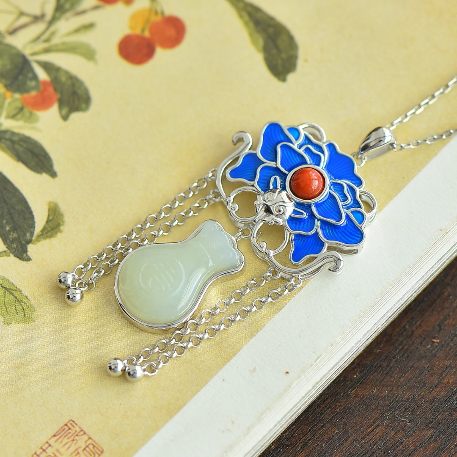 An Exquisite Sterling Silver Inlaid White Jade Enamel Pendant - 4