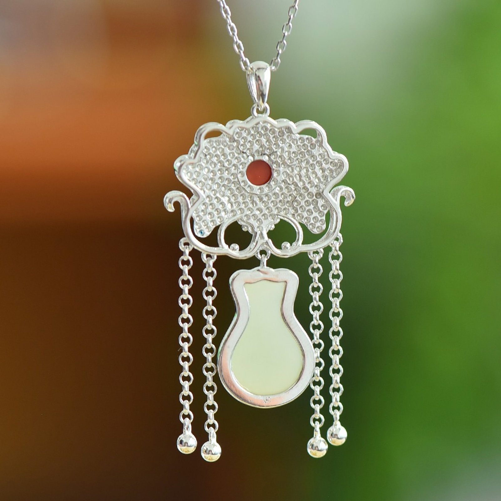 An Exquisite Sterling Silver Inlaid White Jade Enamel Pendant - 5