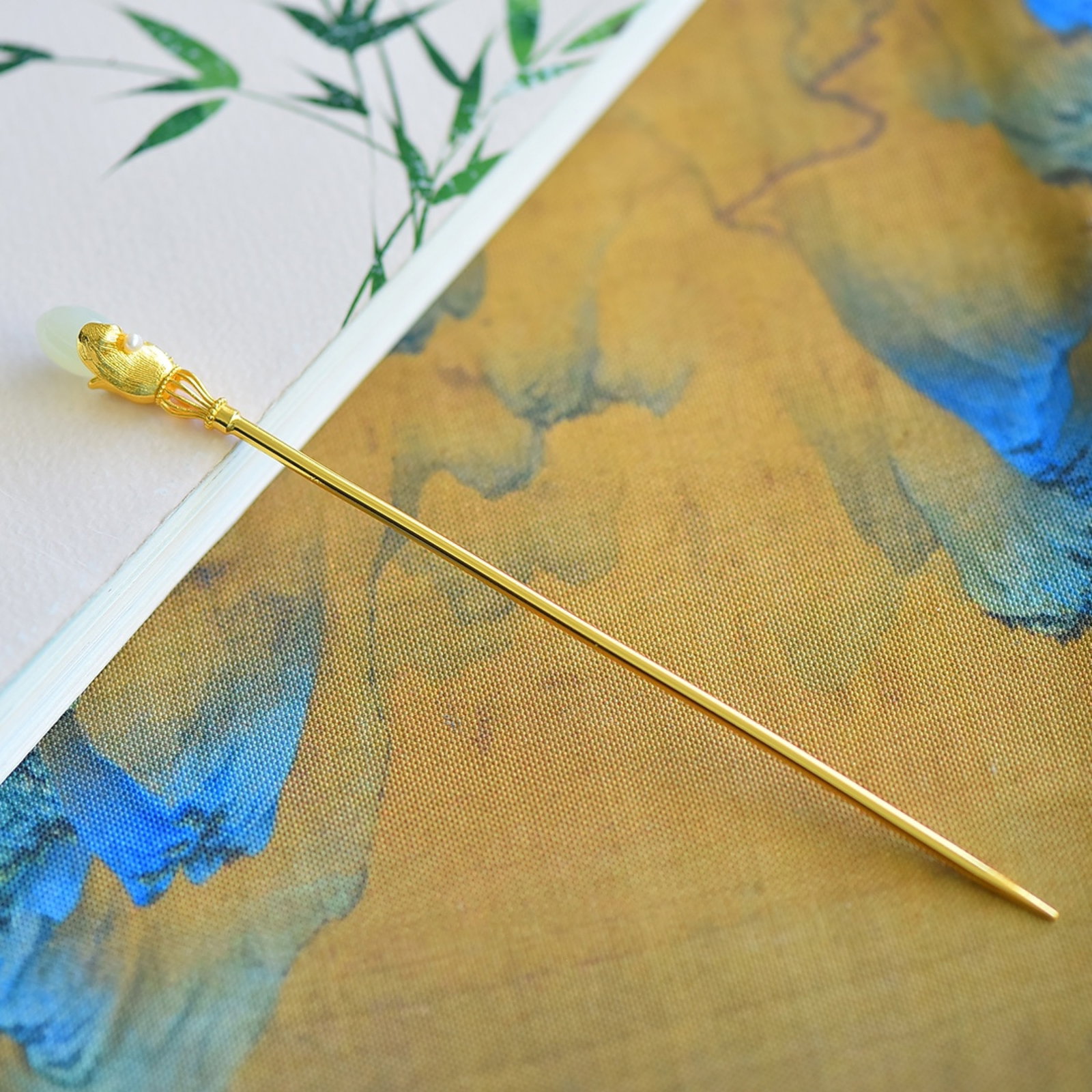 An Exquisite Sterling Silver-Gold Plated Inlaid White Jade Hairpin,Inlaid Diamond - 4