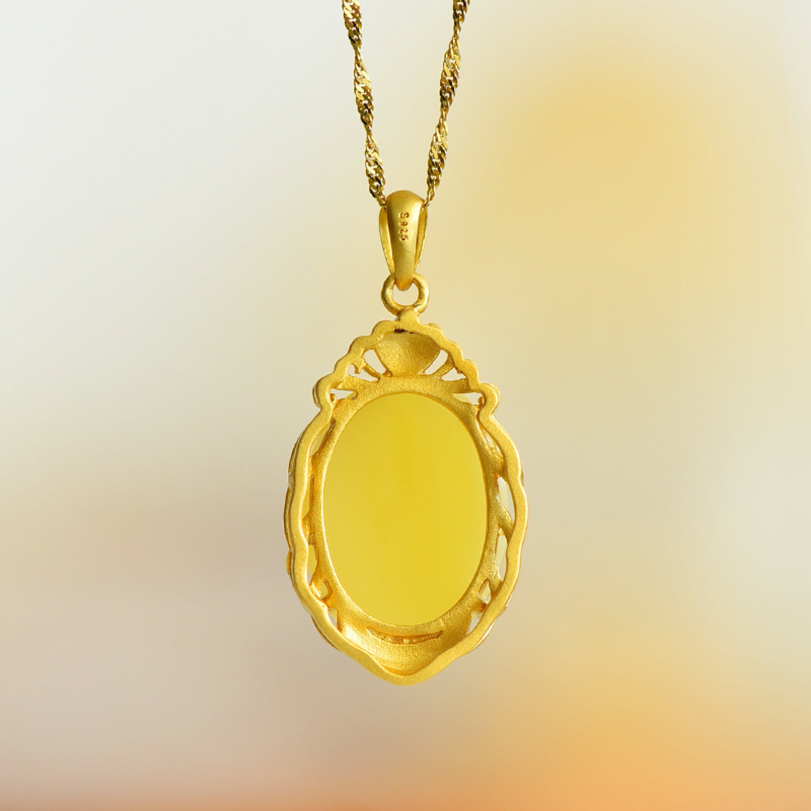 An Exquisite Sterling Silver-Gold Plated Inlaid Amber Pendant - 5