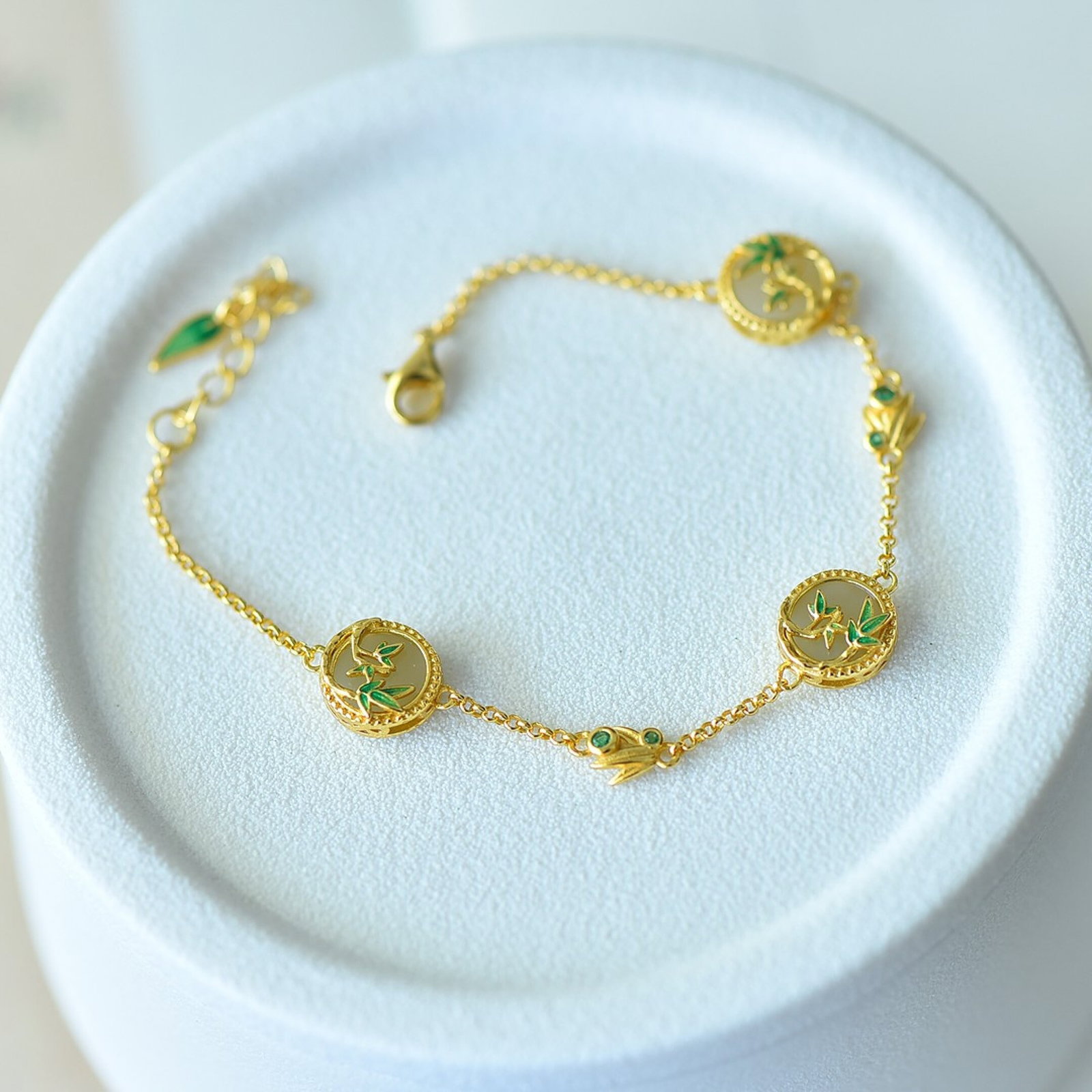 A Set of Fine Sterling Silver-Gold Plated Inlaid White Jade Jewelrys - 3