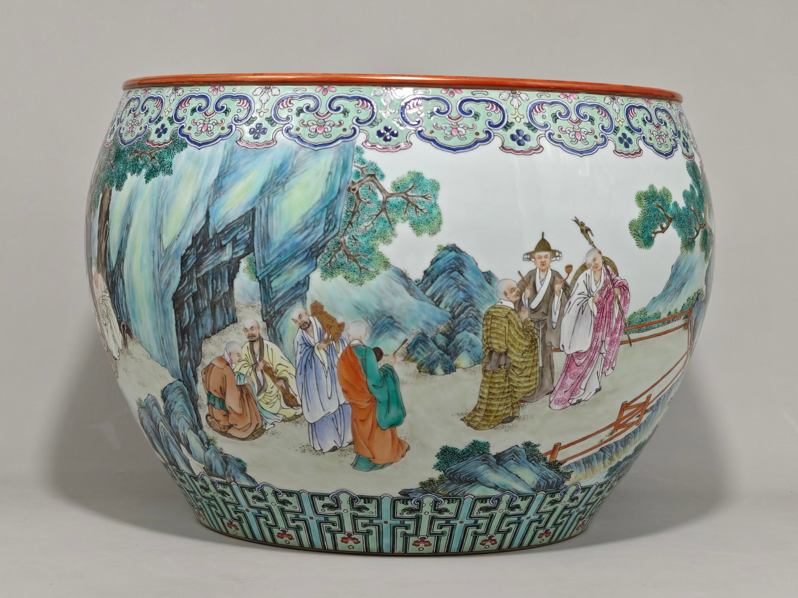 A Rare Famille-Rose Painted Gold Landscape and Figure Pattern Vat - 2