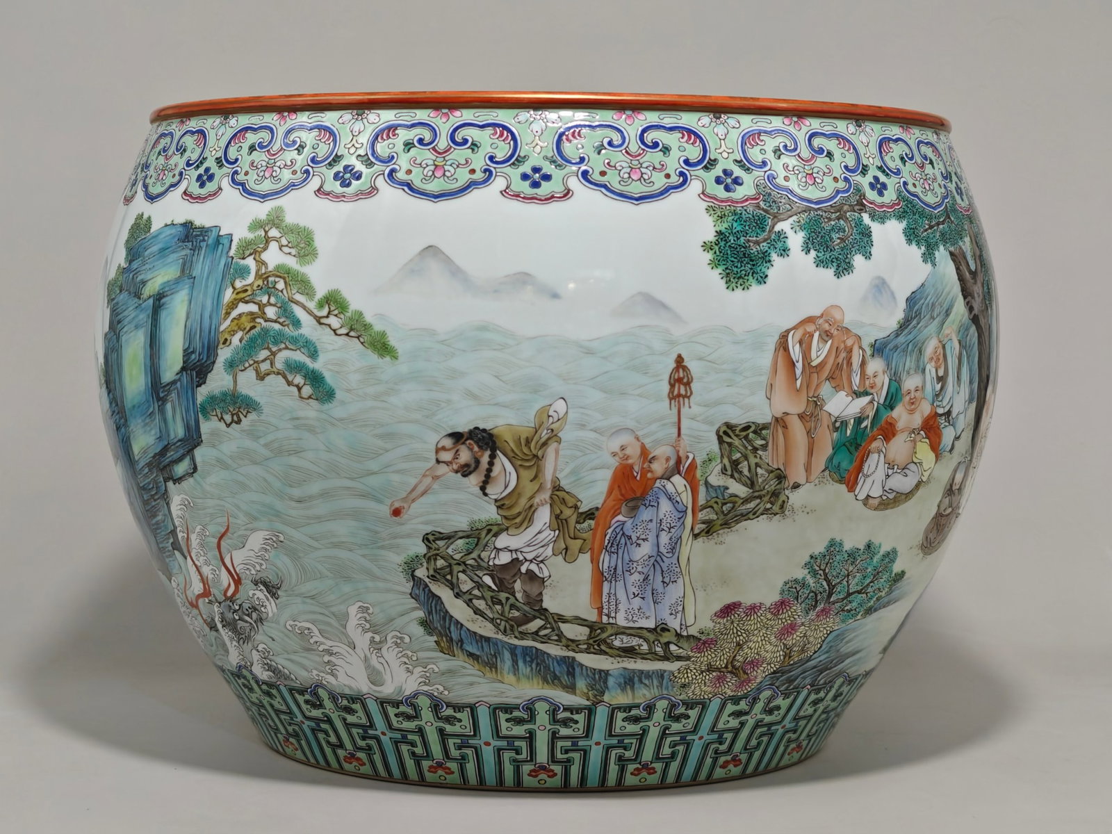 A Rare Famille-Rose Painted Gold Landscape and Figure Pattern Vat - 4