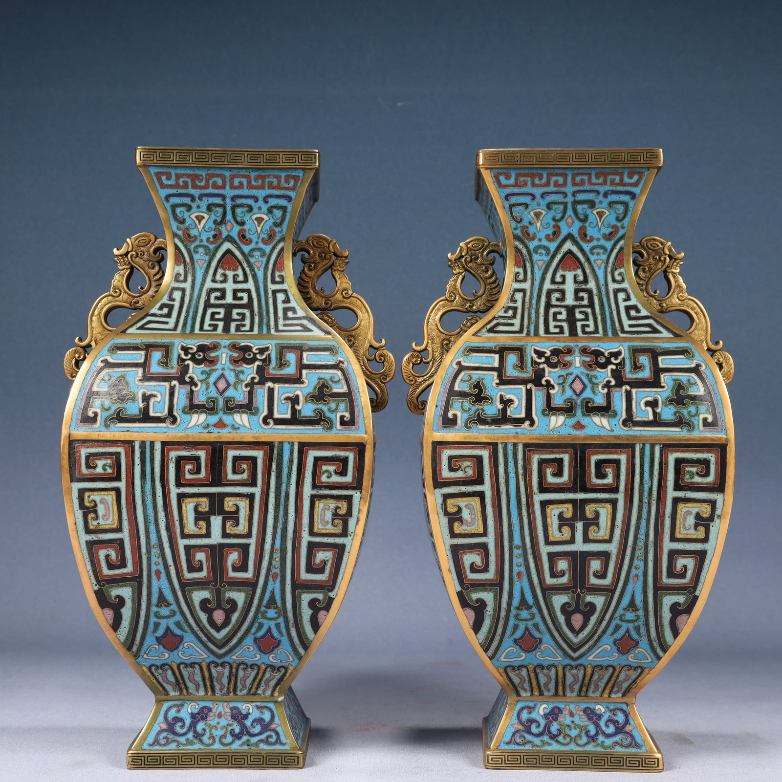 A Pair of Rare Cloisonne Chi-Dragon Pattern Dragon-Ears Vases - 3