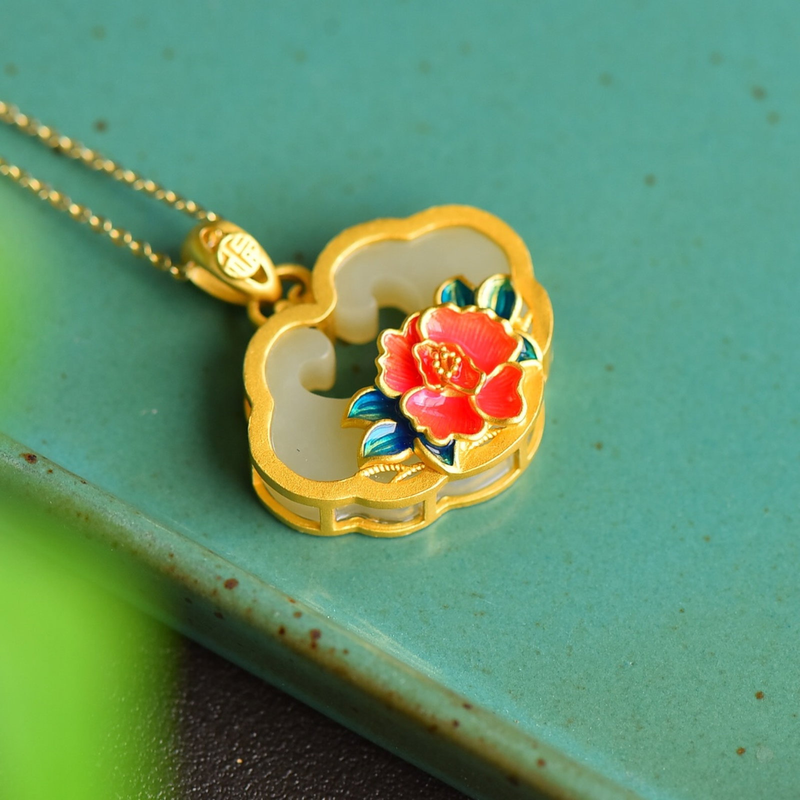 An Exquisite Sterling Silver-Gold Plated Inlaid White Jade Enamel Pendant - 3