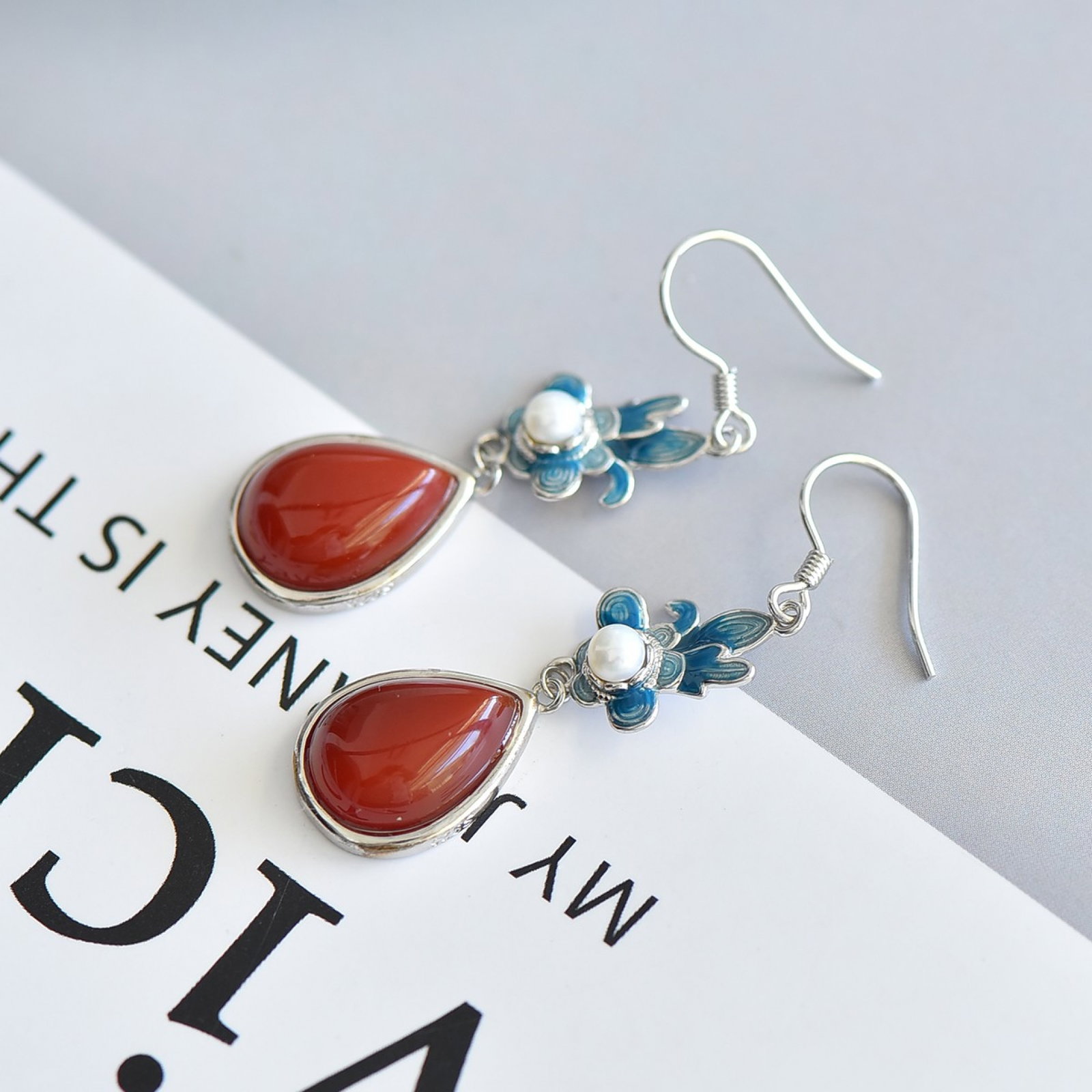 A Set of Fine Sterling Silver Inlaid Agate Jewelrys,Inlaid Pearls - 5