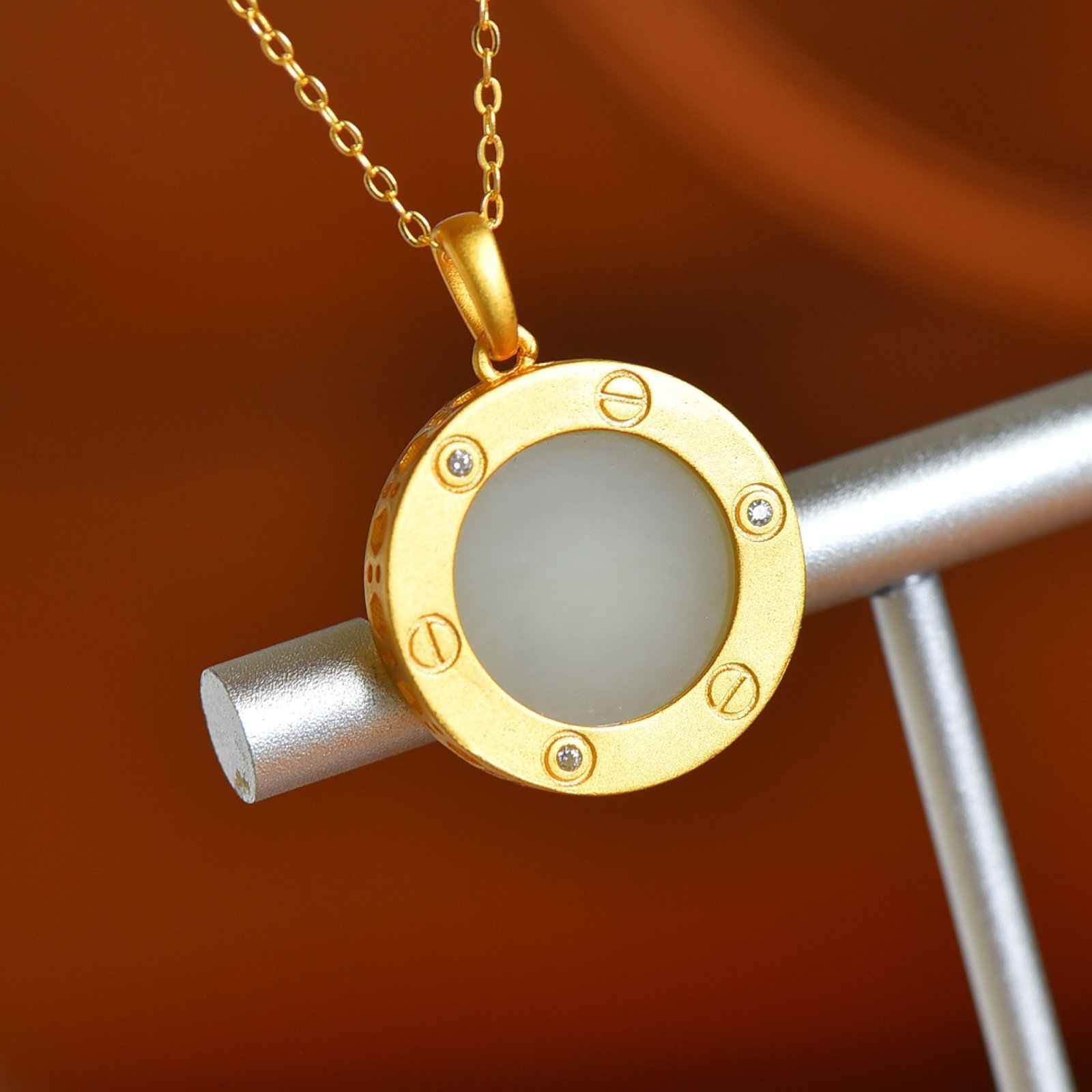 An Exquisite Sterling Silver-Gold Plated Inlaid White Jade Pendant , Inlaid Diamond - 2