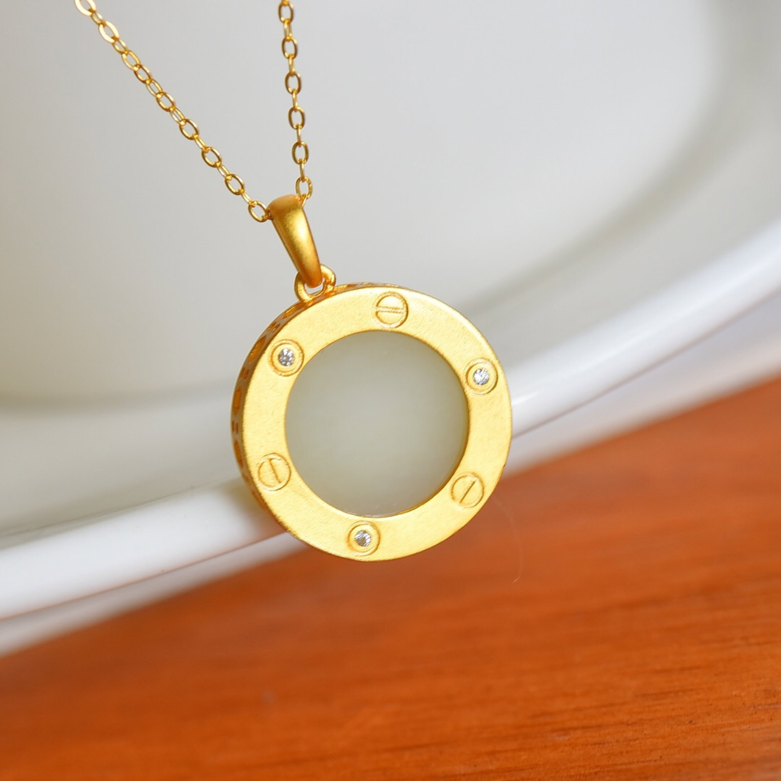 An Exquisite Sterling Silver-Gold Plated Inlaid White Jade Pendant , Inlaid Diamond - 4