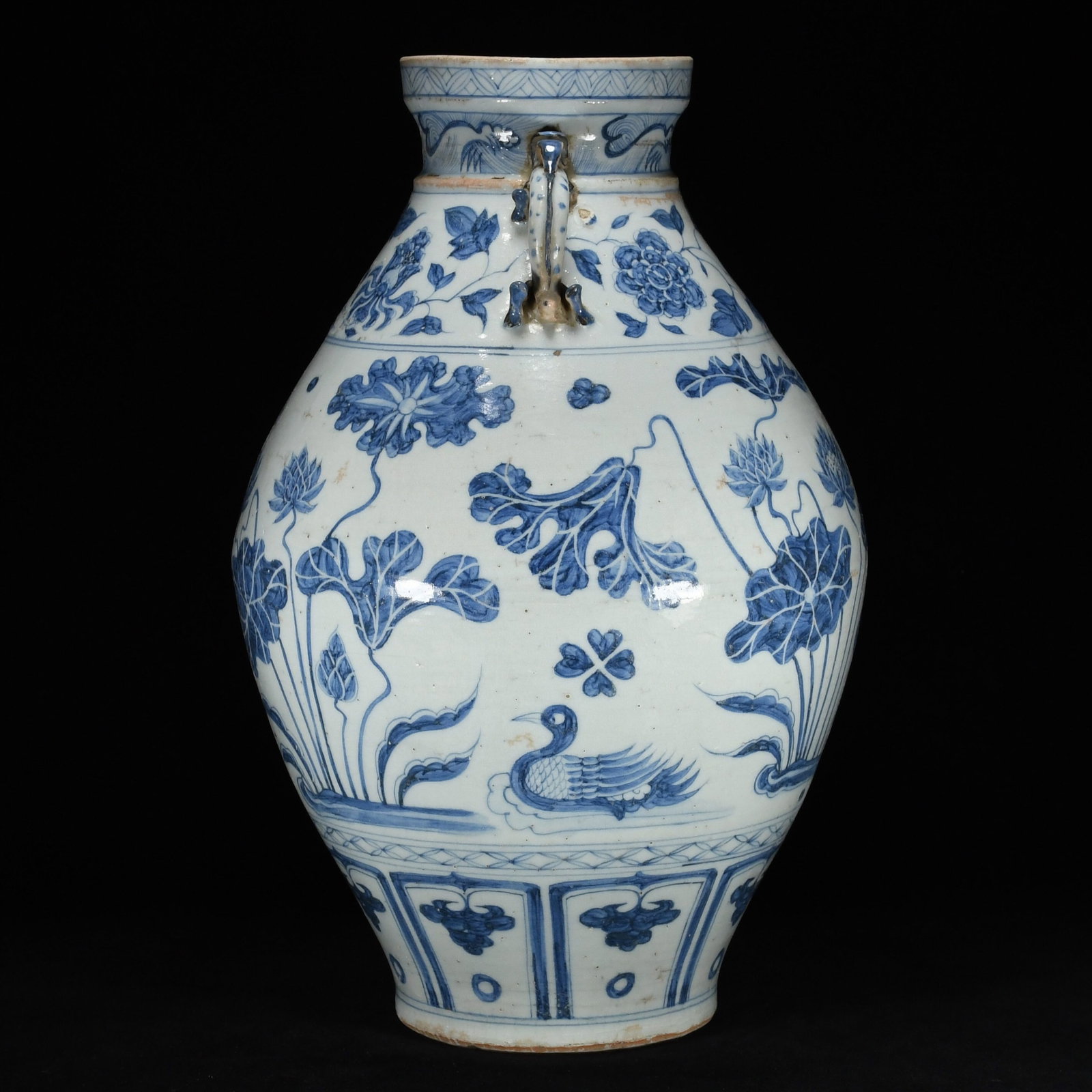A Huge Blue and White Lotus and Mandarin Duck Pattern Double-Ears Vase - 2