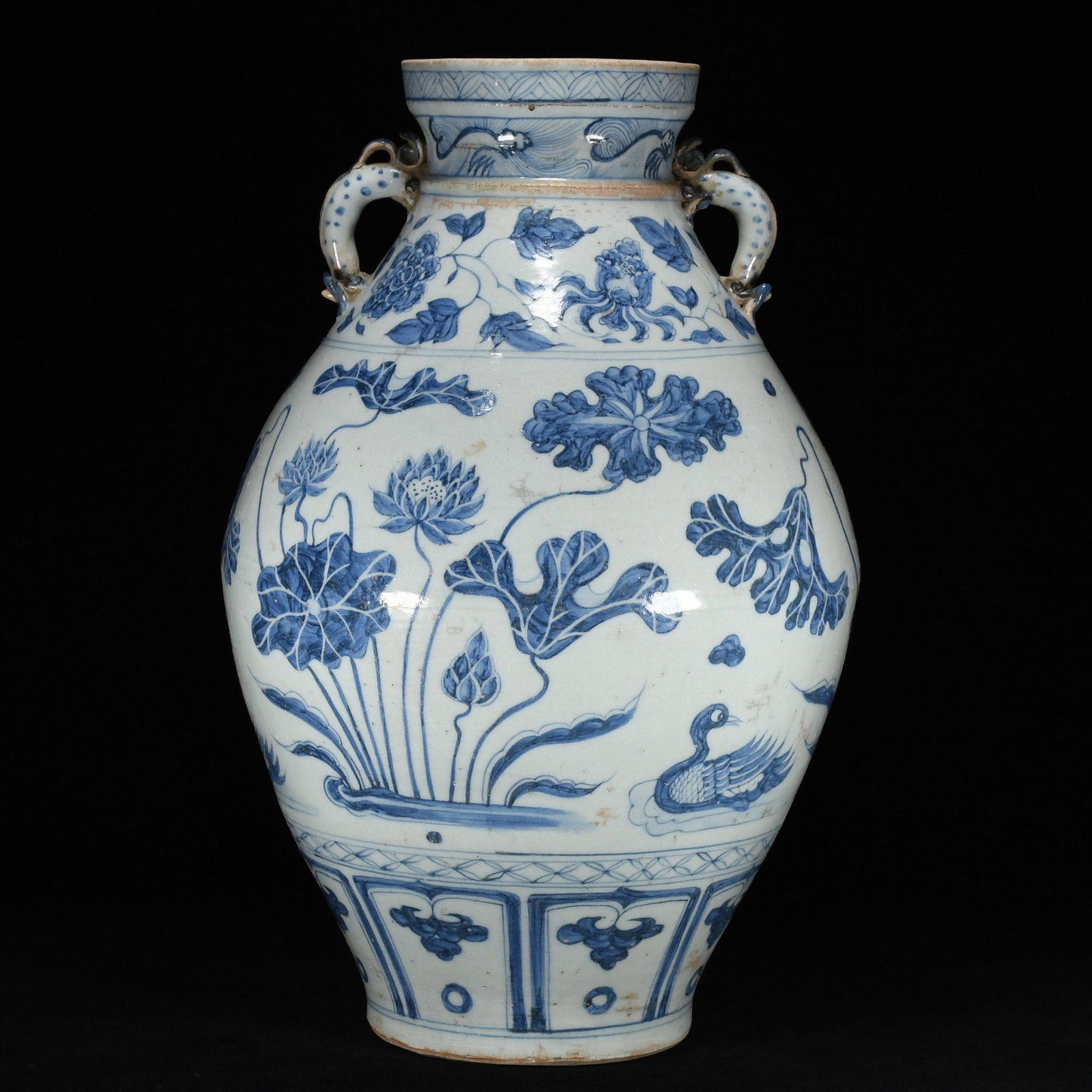A Huge Blue and White Lotus and Mandarin Duck Pattern Double-Ears Vase - 3