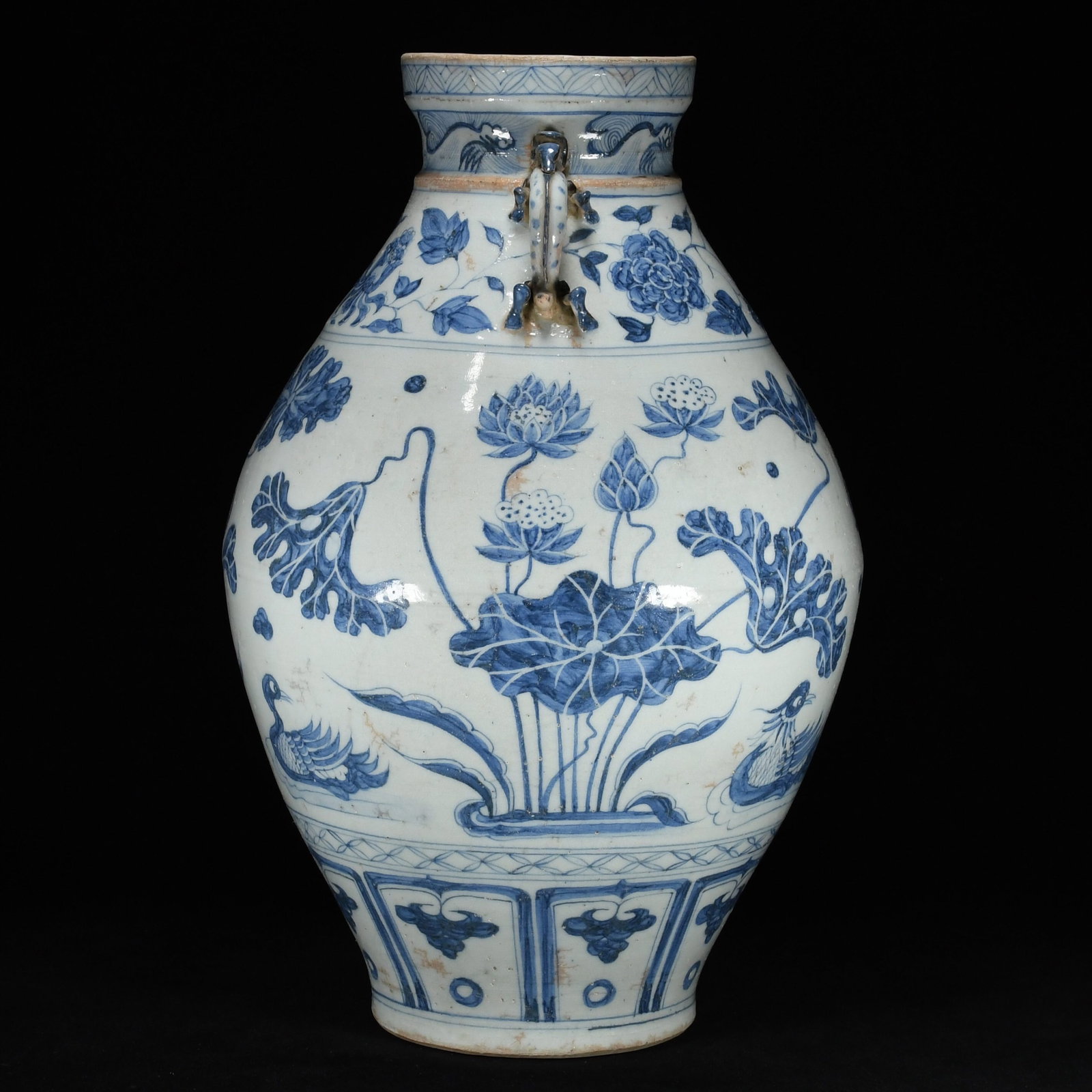 A Huge Blue and White Lotus and Mandarin Duck Pattern Double-Ears Vase - 4