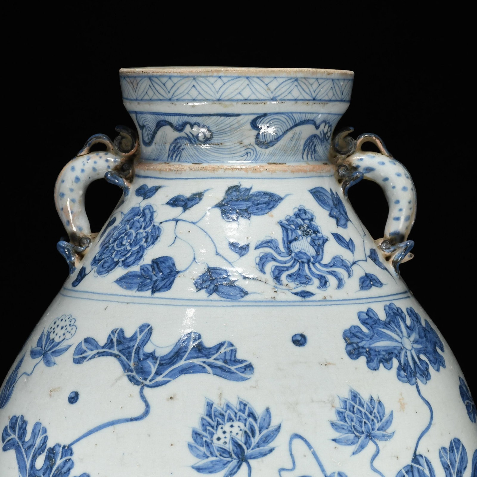 A Huge Blue and White Lotus and Mandarin Duck Pattern Double-Ears Vase - 5
