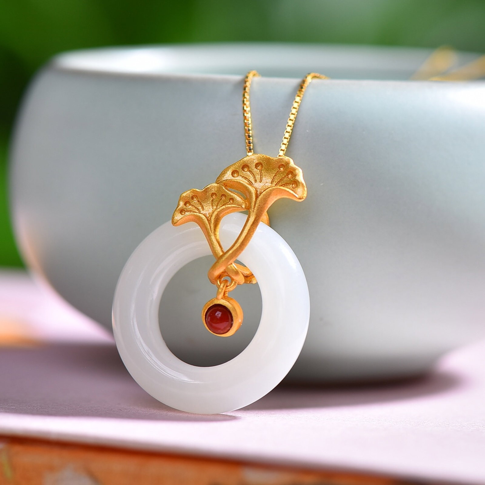 An Exquisite Sterling Silver-Gold Plated Inlaid White Jade Pendant - 2
