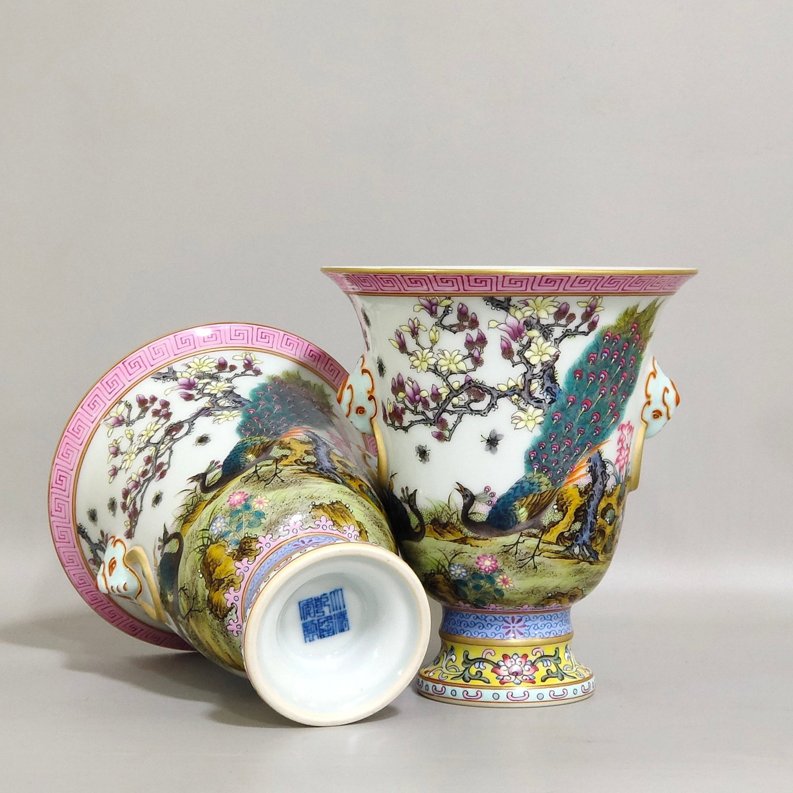 A Pair of Exquisite Famille-Rose Painted Gold Flower and Peacock Pattern Beast-Ears Stem Cups,Wit... - 3