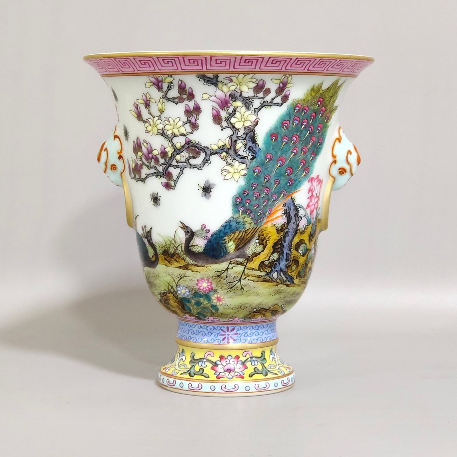 A Pair of Exquisite Famille-Rose Painted Gold Flower and Peacock Pattern Beast-Ears Stem Cups,Wit... - 4
