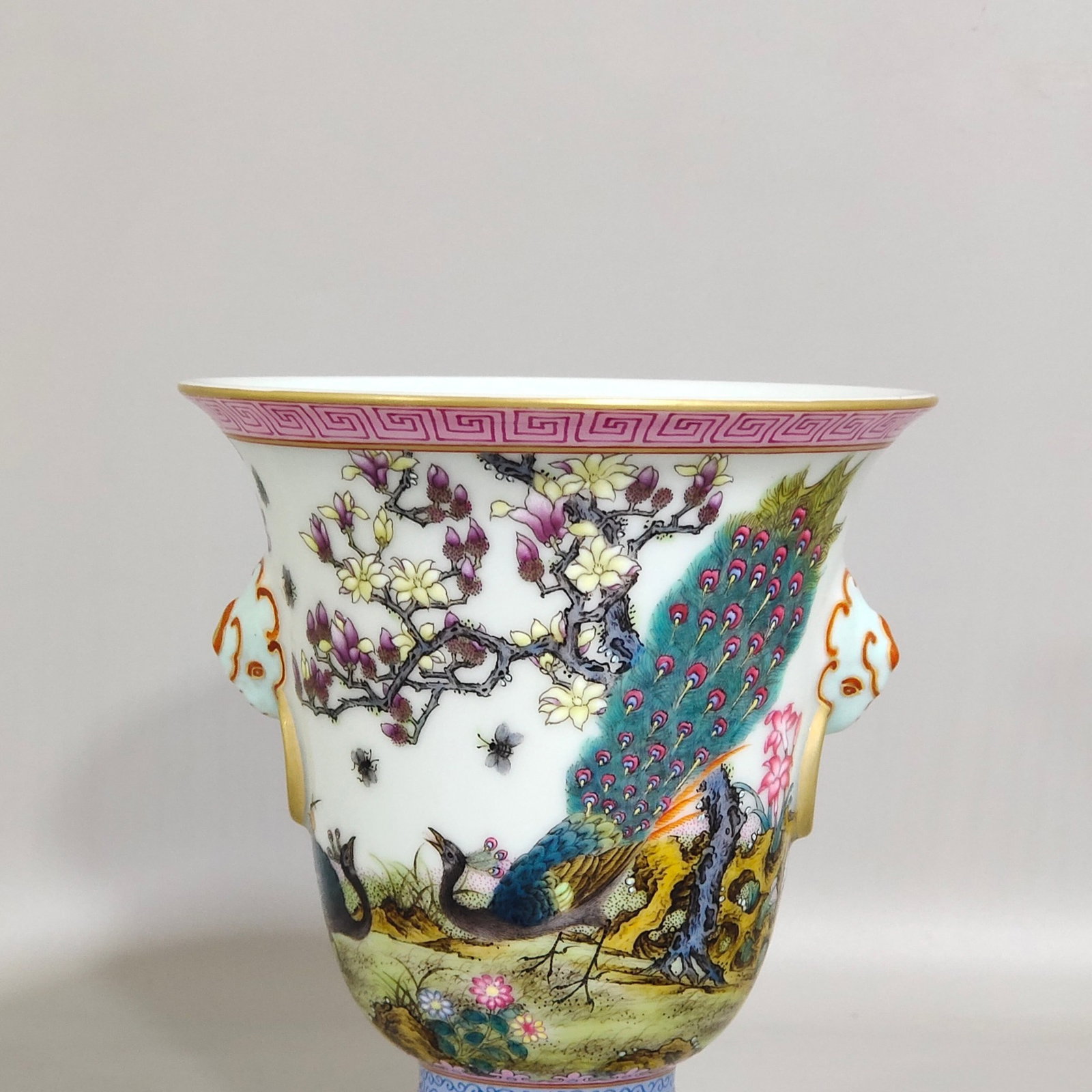 A Pair of Exquisite Famille-Rose Painted Gold Flower and Peacock Pattern Beast-Ears Stem Cups,Wit... - 8