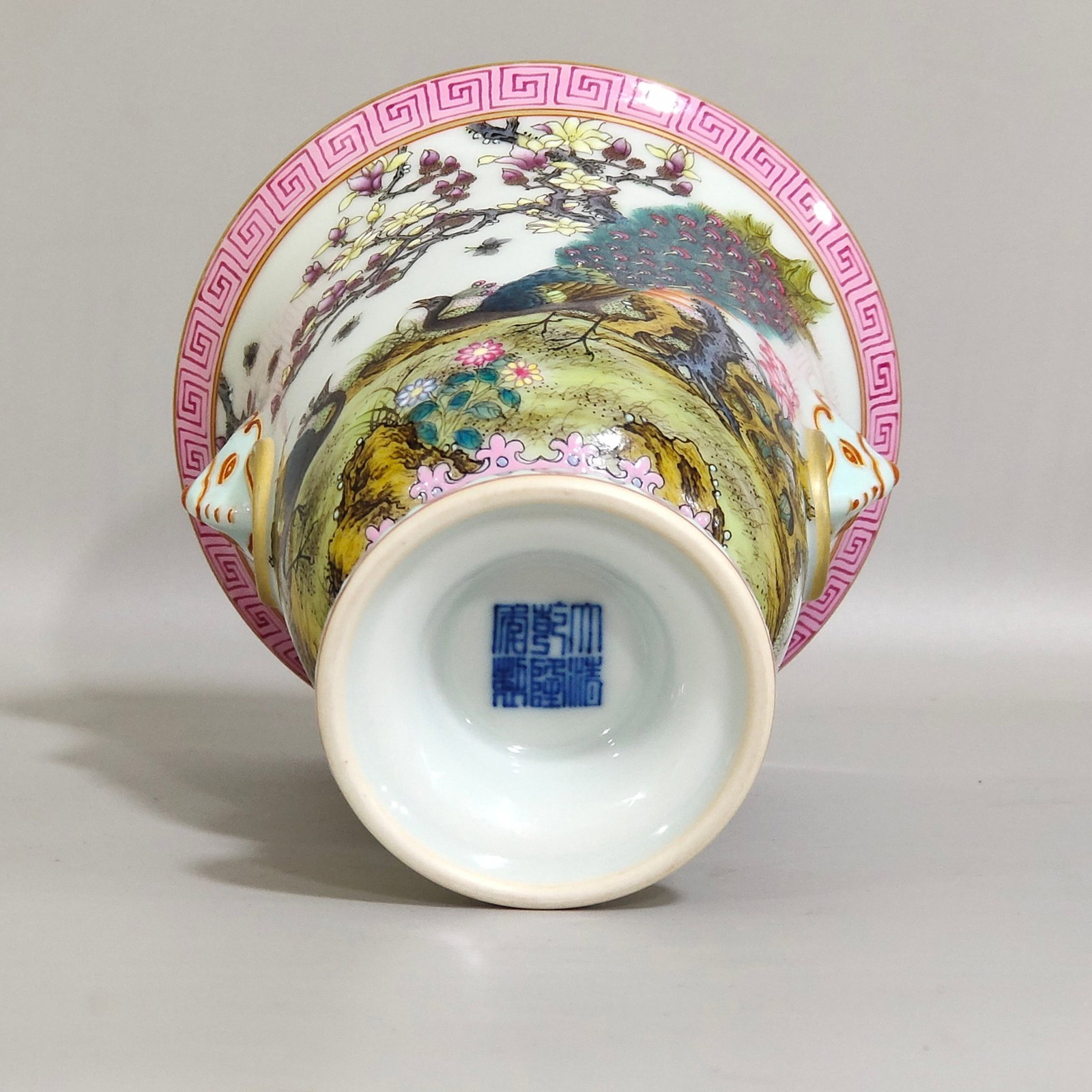 A Pair of Exquisite Famille-Rose Painted Gold Flower and Peacock Pattern Beast-Ears Stem Cups,Wit... - 9