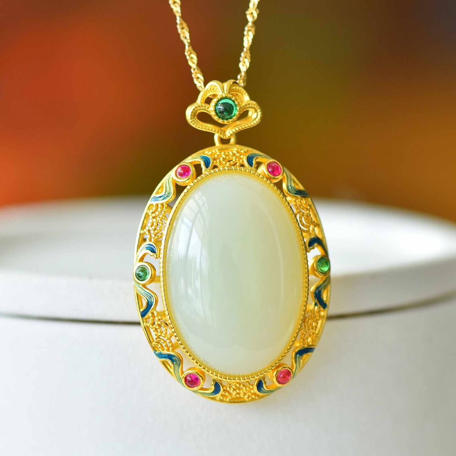 An Exquisite Sterling Silver-Gold Plated Inlaid White Jade Pendant - 2