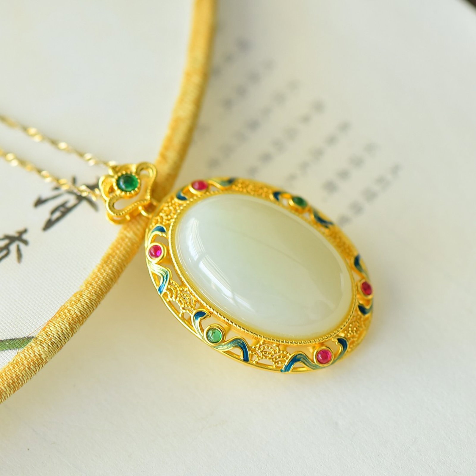 An Exquisite Sterling Silver-Gold Plated Inlaid White Jade Pendant - 4