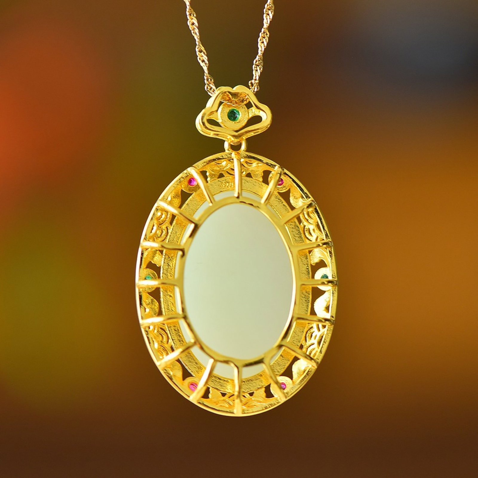 An Exquisite Sterling Silver-Gold Plated Inlaid White Jade Pendant - 5