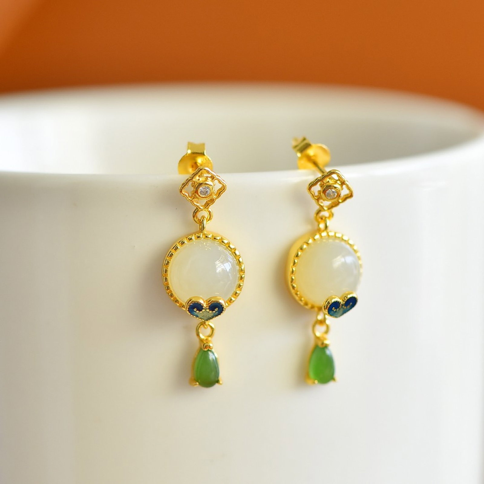 A Pair of Exquisite Sterling Silver-Gold Plated Inlaid White Jade Enamel Earrings - 2