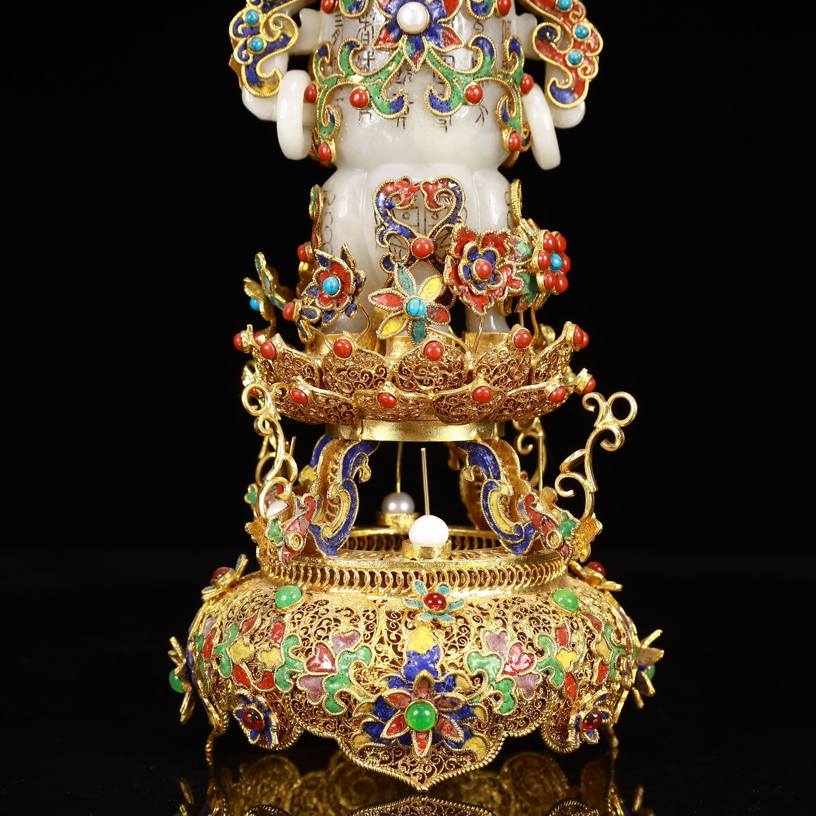An Exquisite Filigree and Gilding Inlaid White Jade Double-Ears Bottle,Inlaid Gems - 11