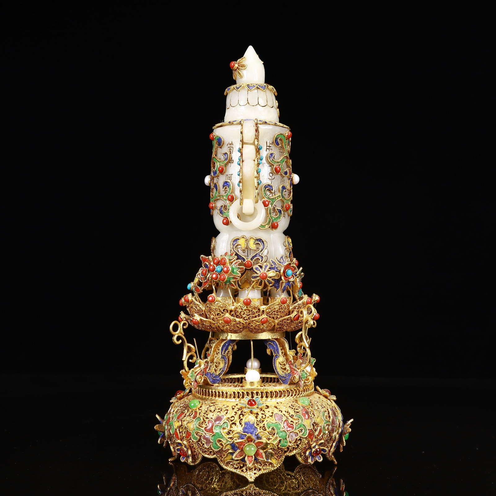 An Exquisite Filigree and Gilding Inlaid White Jade Double-Ears Bottle,Inlaid Gems - 12
