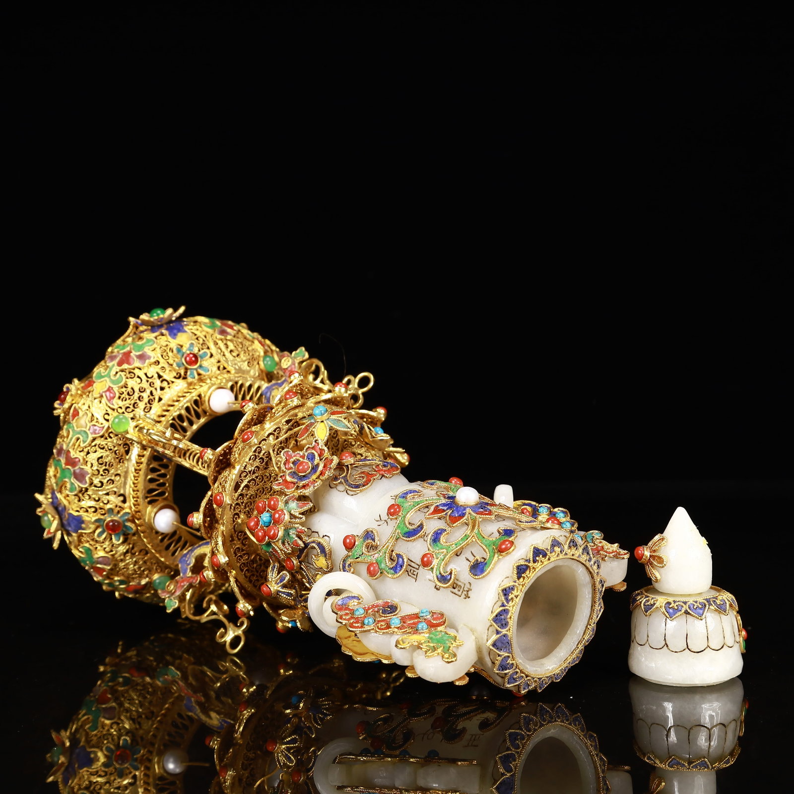 An Exquisite Filigree and Gilding Inlaid White Jade Double-Ears Bottle,Inlaid Gems - 13