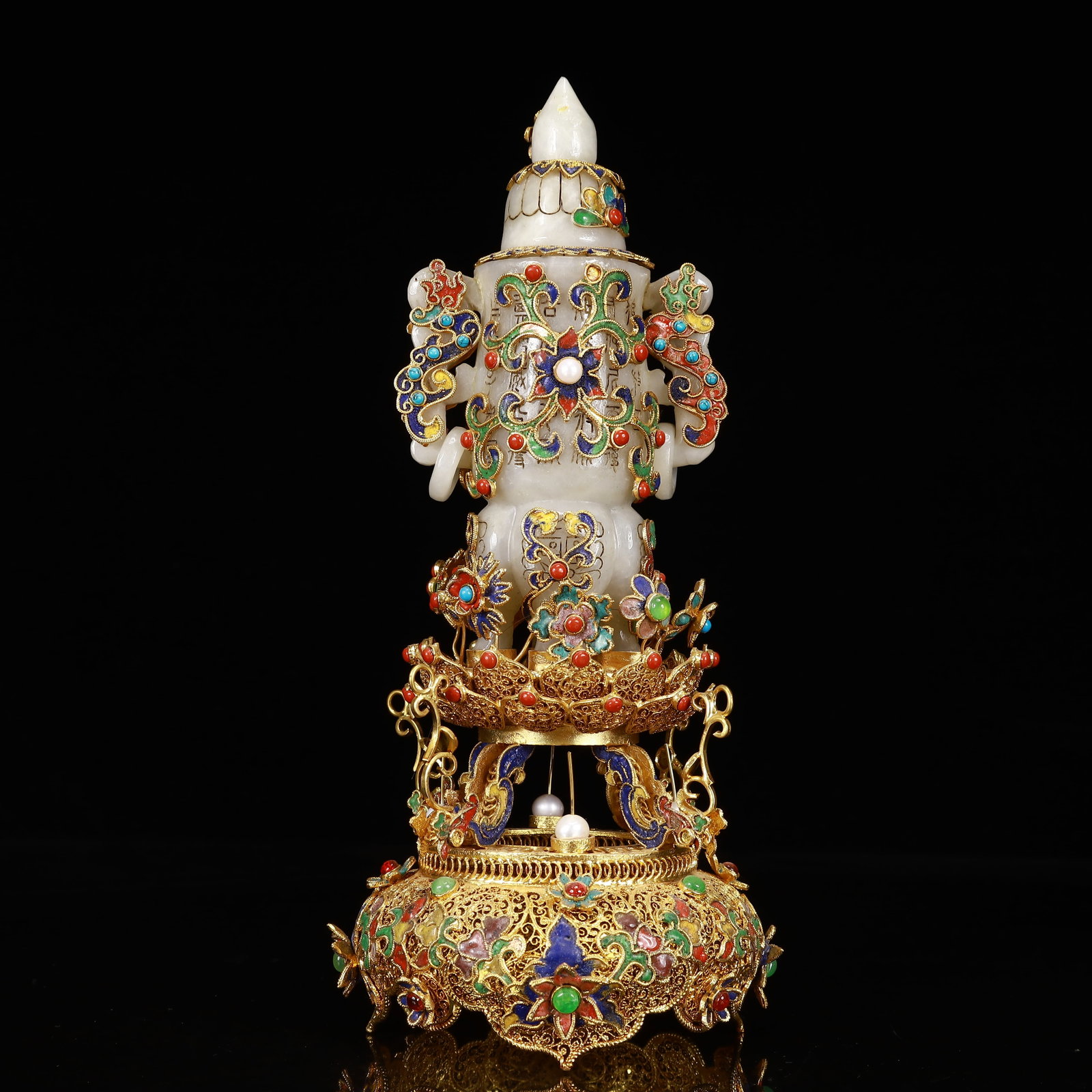 An Exquisite Filigree and Gilding Inlaid White Jade Double-Ears Bottle,Inlaid Gems: Estimated Value:2400-4800 An Exquisite Filigree and Gilding Inlaid White Jade Double-Ears Bottle,Inlaid Gems,Qing Dynasty, China,Qianlong Four-Character Mark,Size:4.3inx9.8in,Weight:650g