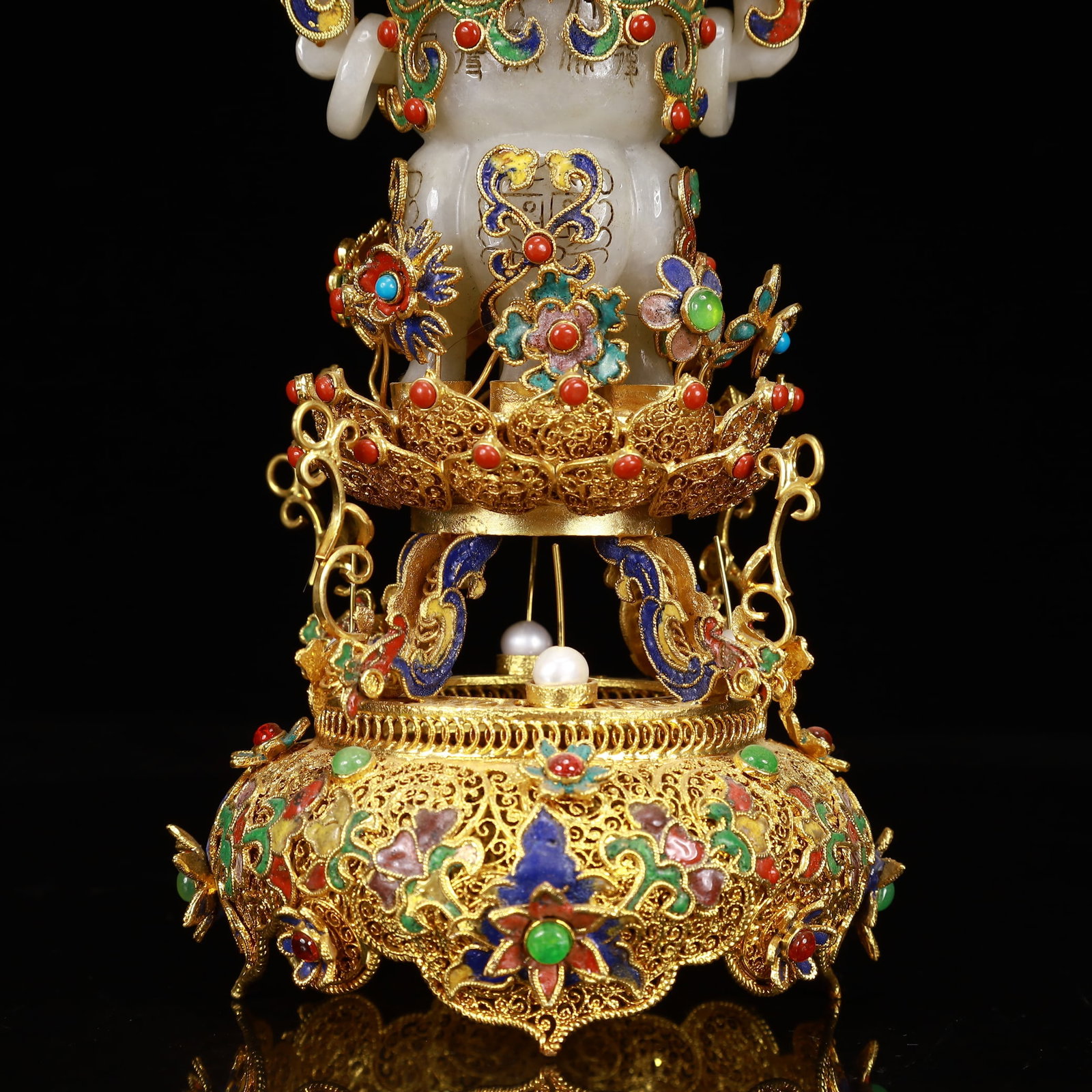 An Exquisite Filigree and Gilding Inlaid White Jade Double-Ears Bottle,Inlaid Gems - 3