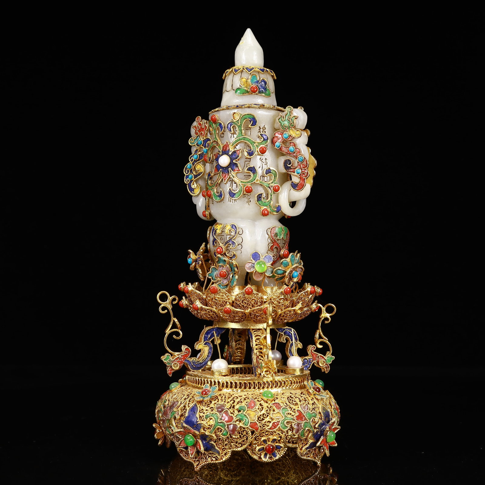 An Exquisite Filigree and Gilding Inlaid White Jade Double-Ears Bottle,Inlaid Gems - 4