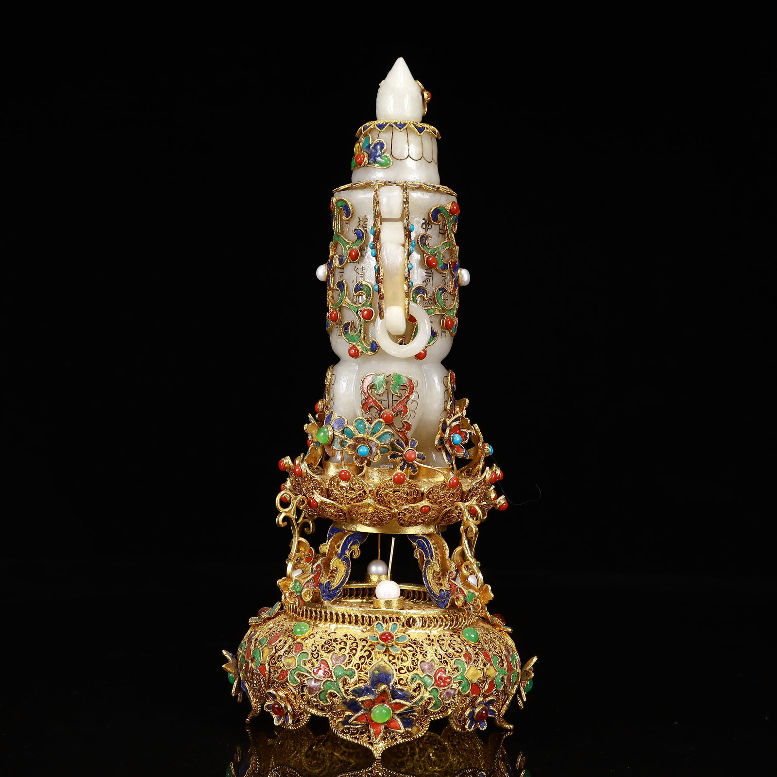 An Exquisite Filigree and Gilding Inlaid White Jade Double-Ears Bottle,Inlaid Gems - 5