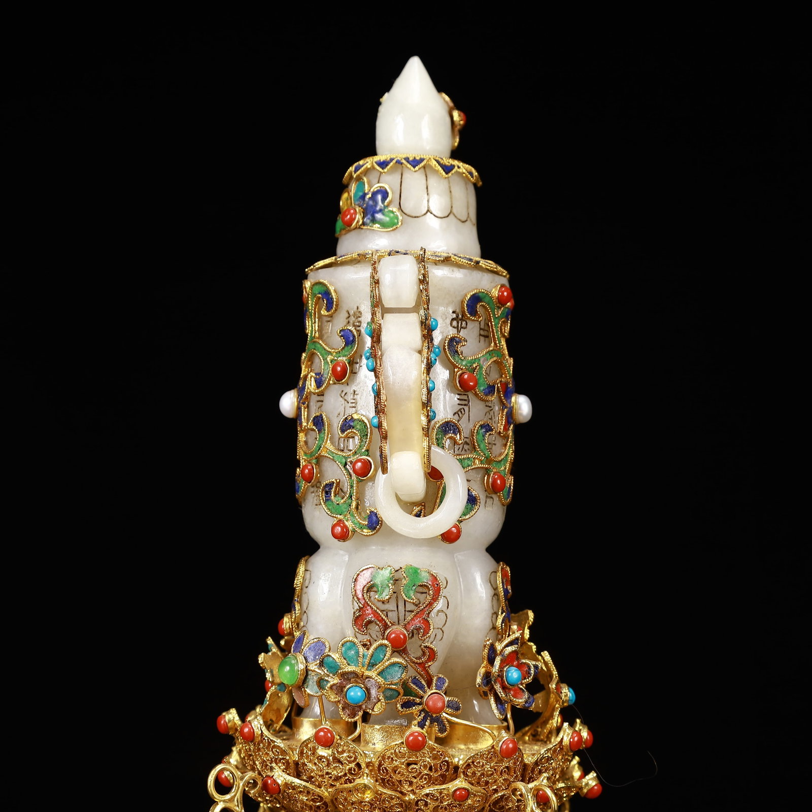 An Exquisite Filigree and Gilding Inlaid White Jade Double-Ears Bottle,Inlaid Gems - 6